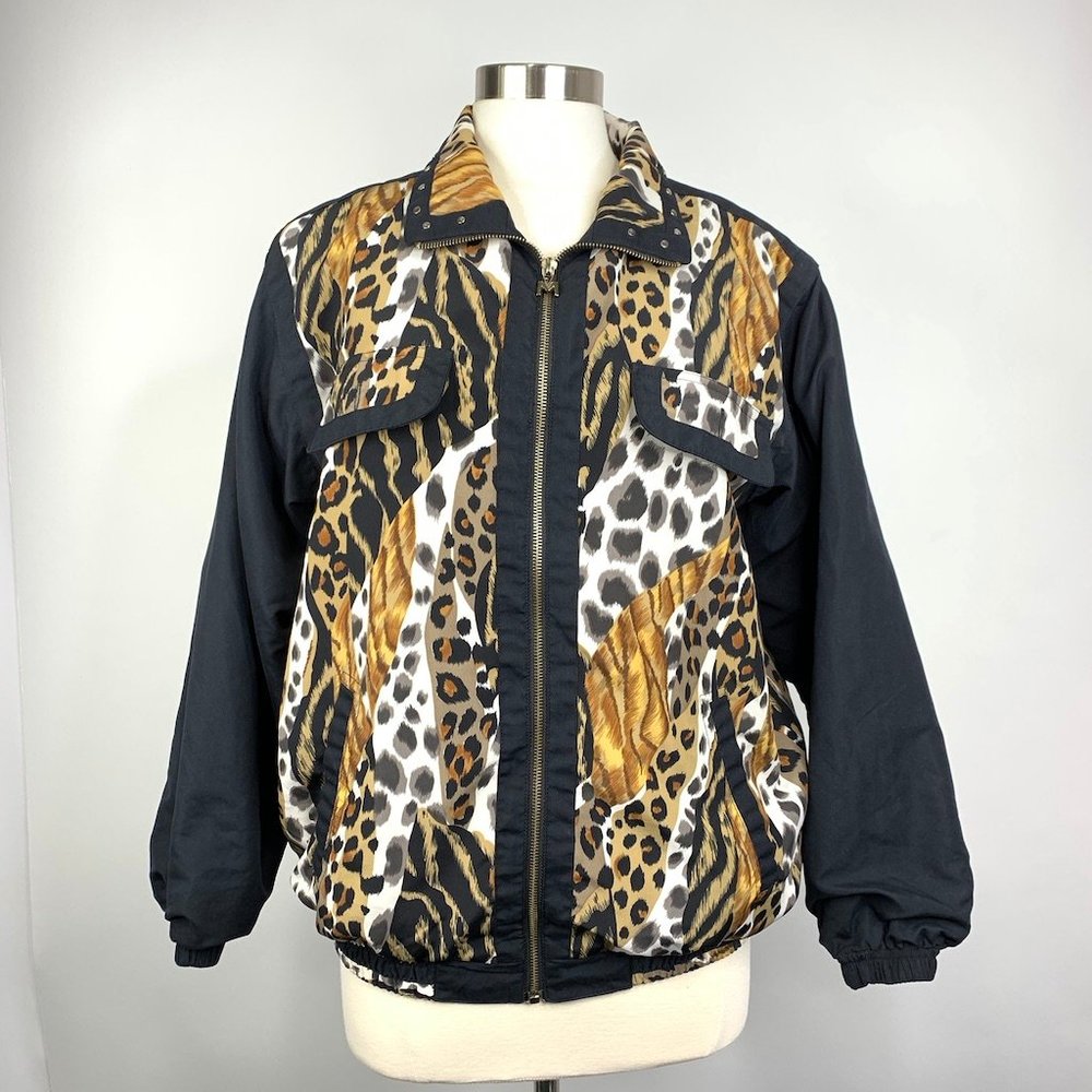 VTG Mureli Animal Print Black Bomber Jacket SZ Med